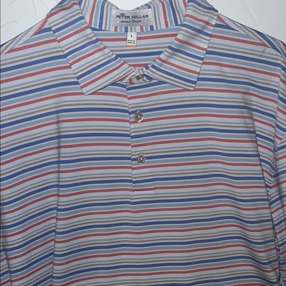 Peter Millar Men's Polo Shirt - Blue, Red, White Stripes